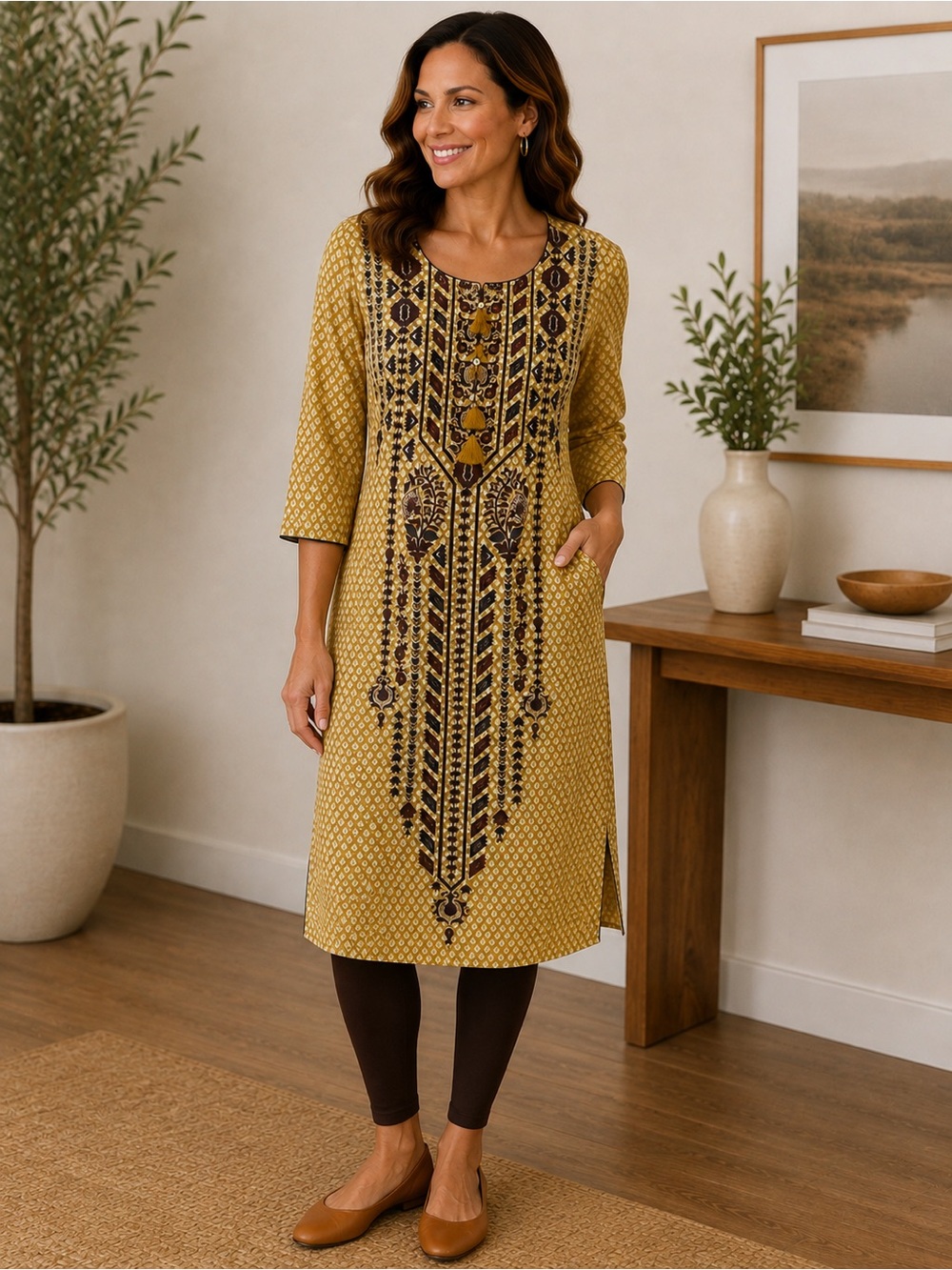 BIBA Olive Green Cotton Ethnic Print Kurta Tunic Dress Size 32 Small
